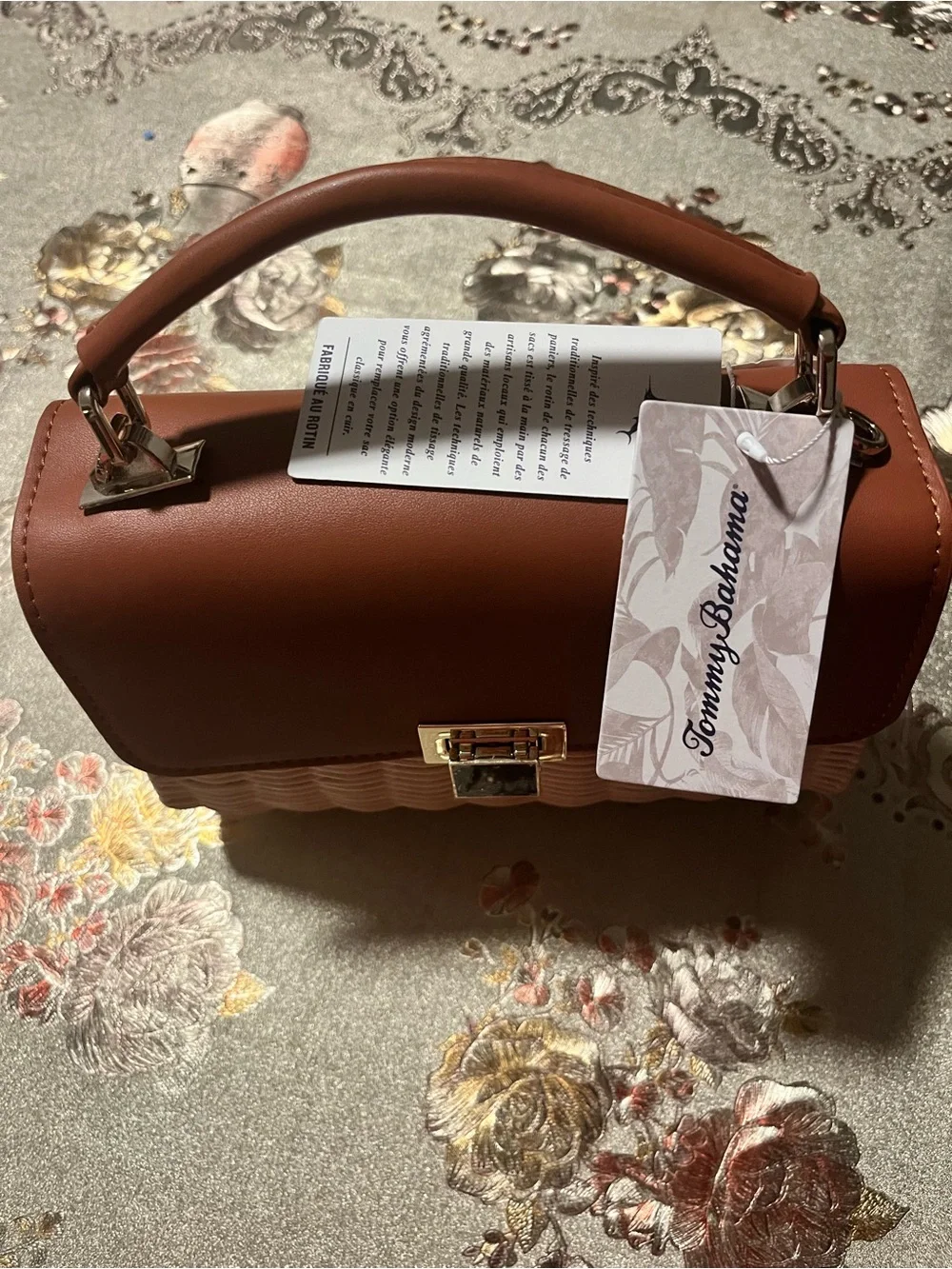 Tommy Bahama Tan Leather & Wicker Top-Handle Bag